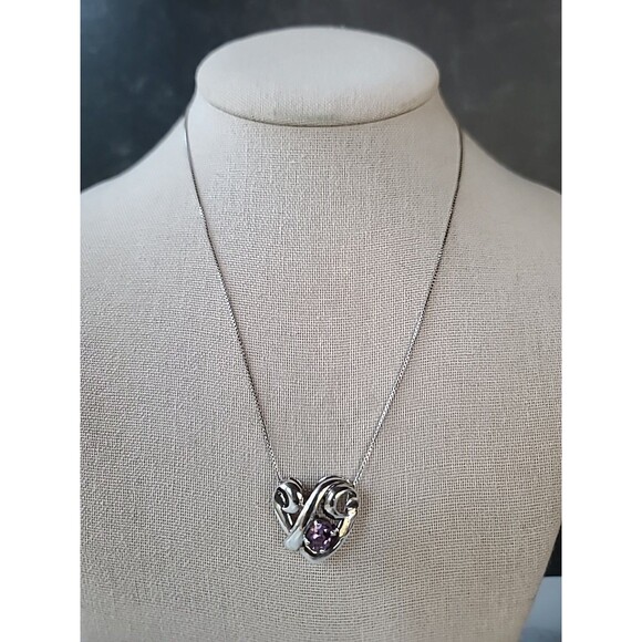 Italian 925 Sterling Silver Amethyst Scrolled Heart Pendant Necklace Vintage - Picture 4 of 10